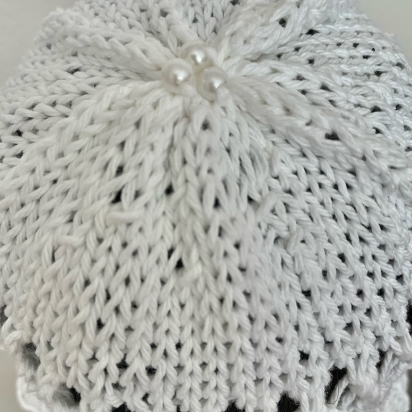 Hand Knits 2 Love White Cotton Brim Hat Cap Lace Pearls White Designer Lace Chic - Picture 8 of 9
